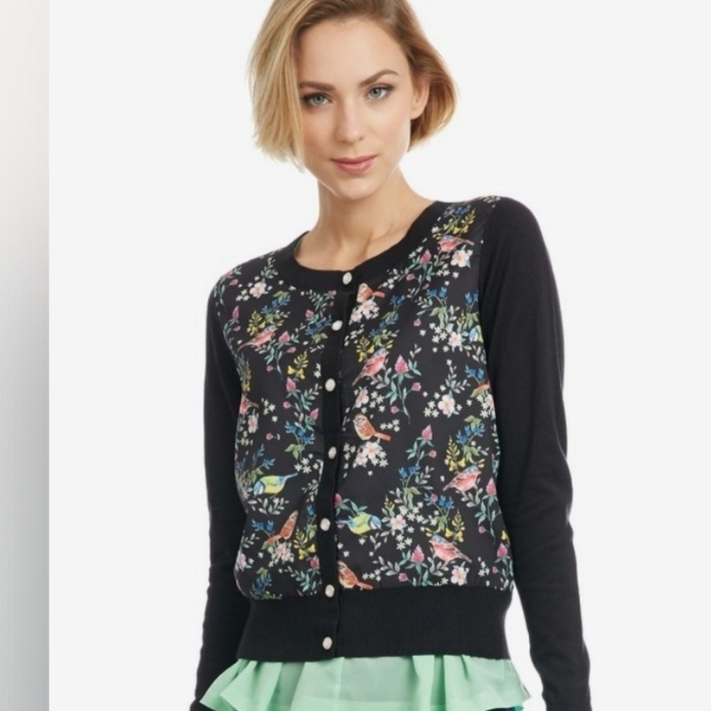 Bird Floral Print Button Cardigan